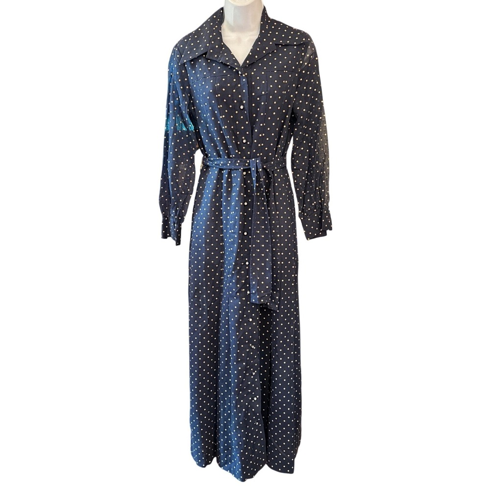 Vintage 70s Avalon Classics Polka Dot Maxi Dress Rockabilly Pinup Mod Navy Blue